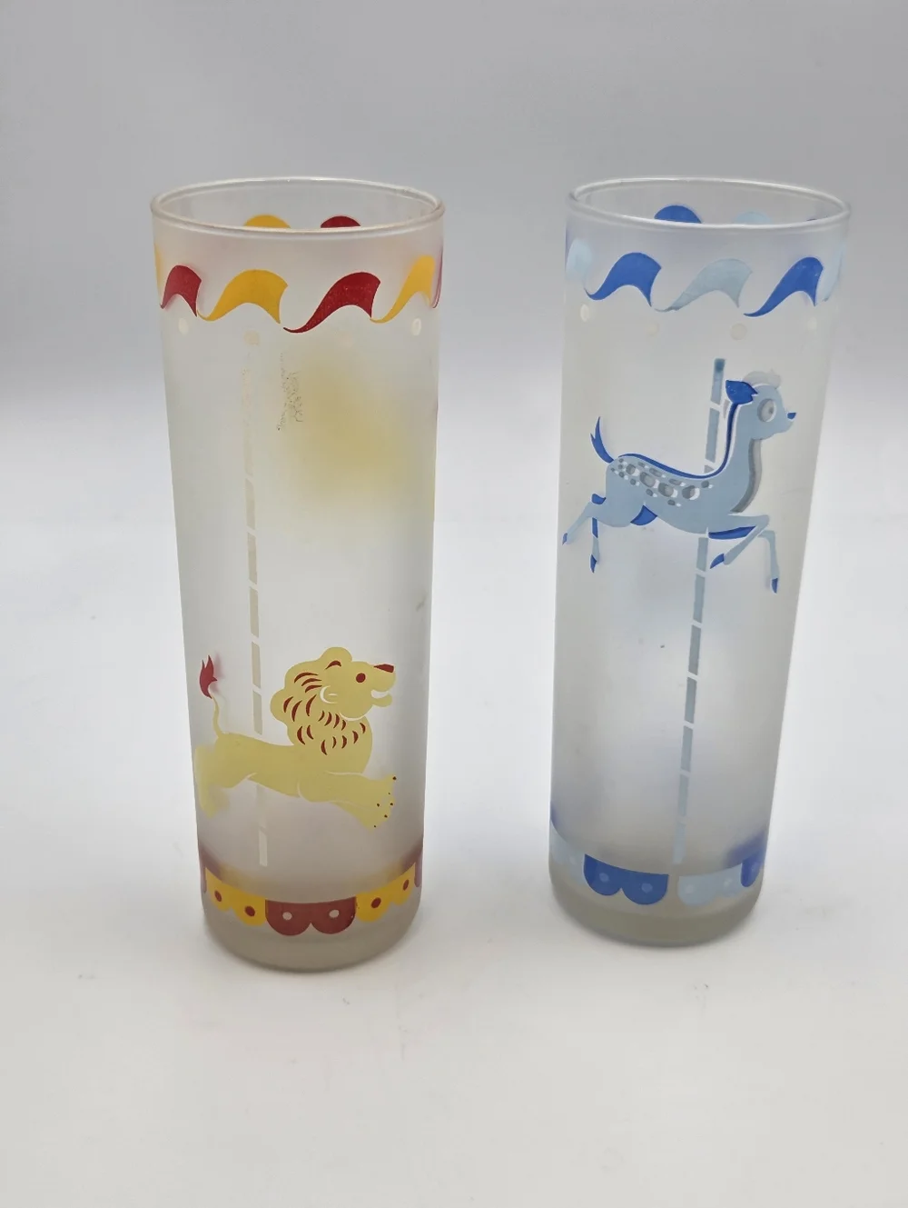 Libbey Frosted Carousel Tumblers Lion & Deer/Fawn Glass 7” Set Of 2